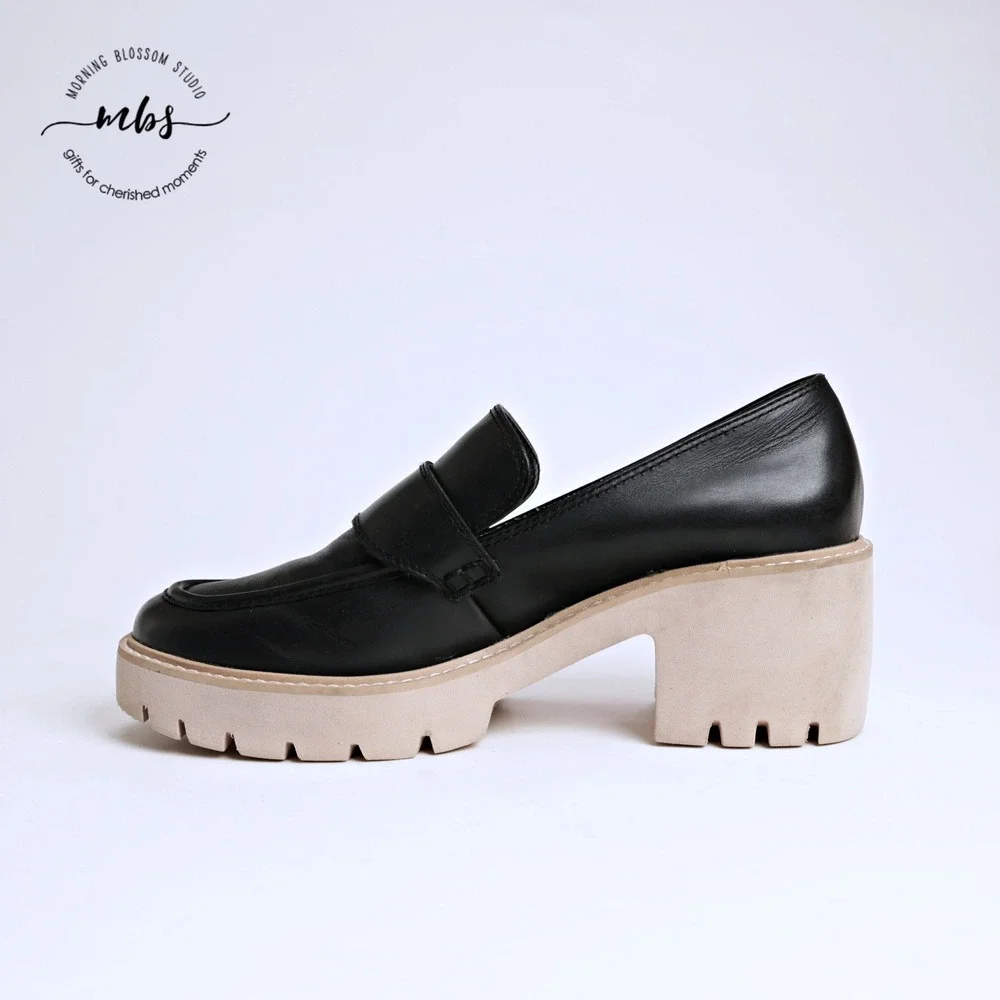 Dolce Vita Halona Leather Chunky Lug Sole Penny Platform Loafers Black Women 9.5